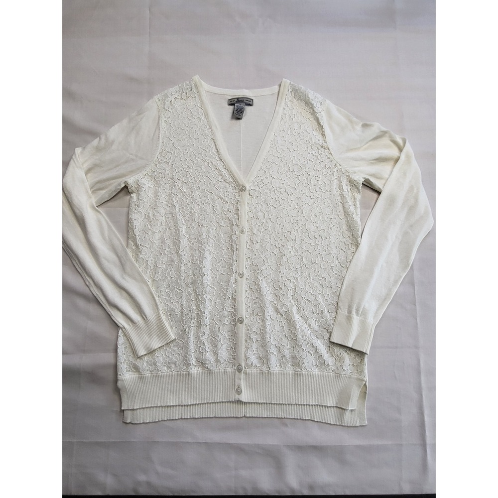 Bass Maine USA Womens White Lace Front V-Neck Button Down Cardigan Sweater Small